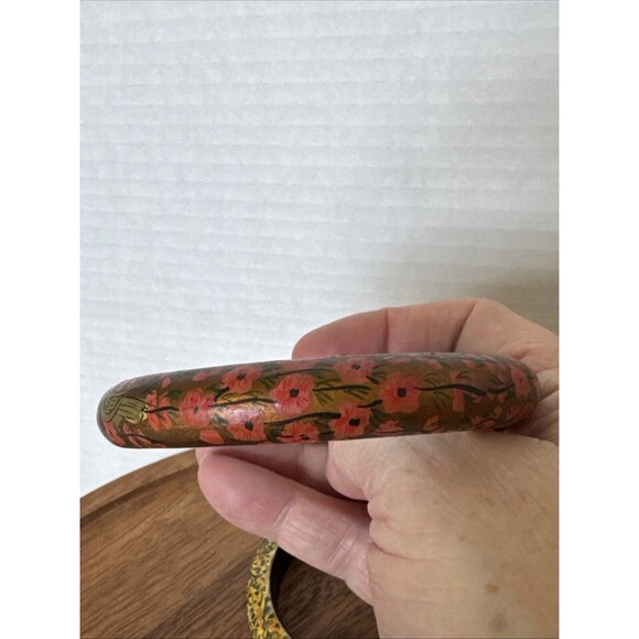 Vintage Set 2 Tree Of Life And 2 Birds Flowers Painted Wood Bangle Bracelets - Picture 14 of 16